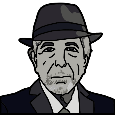 A black and white shoulders-up portrait of Leonard Cohen, the singer-songwriter, poet, and author. He is wearing a suit and a hat and has a neutral expression.